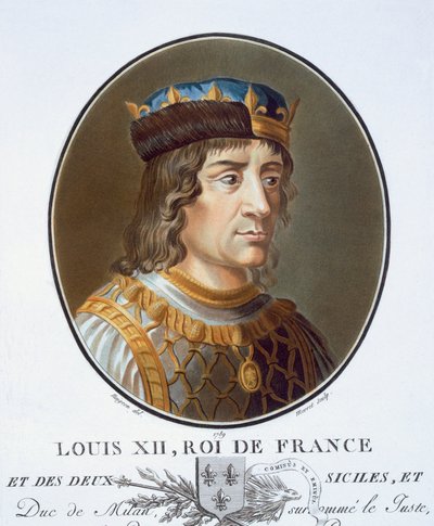 Luís XII, de "Retratos de grandes homens, mulheres ilustres e temas memoráveis da França, sepultura e impressos a cores", publicado por Pierre Blin, 1786-92, Paris (gravura a cores) de Antoine Louis Francois Sergent Marceau